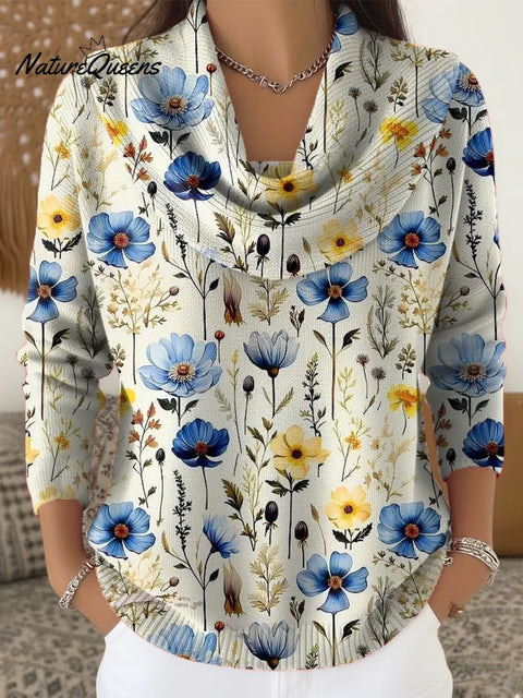 Women's Floral Pattern Art Print Casual Cowl Neck Sweater