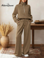 Women's Two-piece Set Half-zip Sweatshirt Wide-leg Pants Casual Suit.