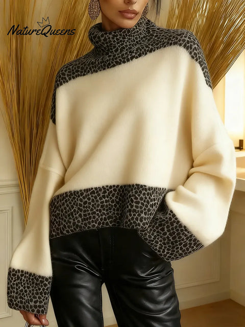 Women's Leopard Print Patchwork High-Neck Long-Sleeve Casual Loose Knit Dress