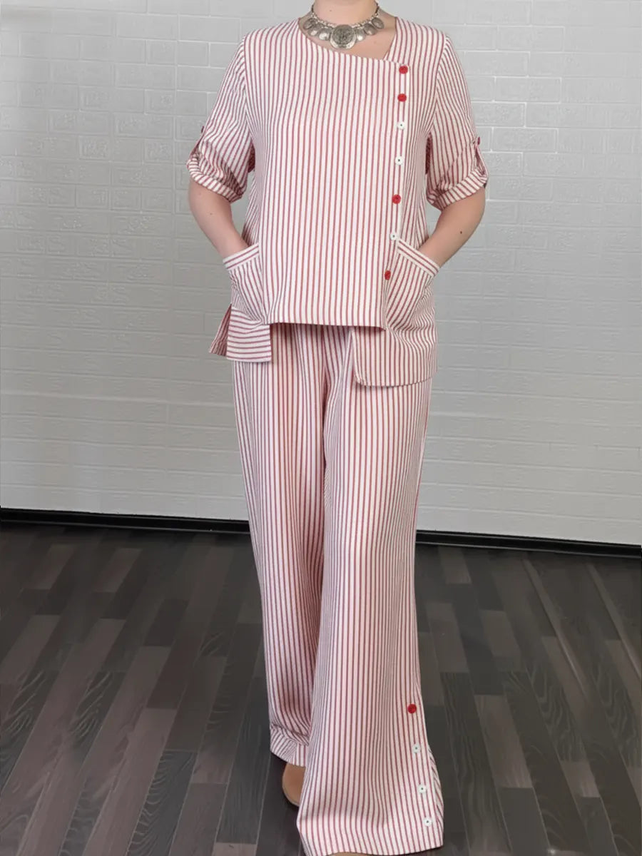 Women's Cozy Striped Linen And Cotton Top And Pants Two-piece Set.