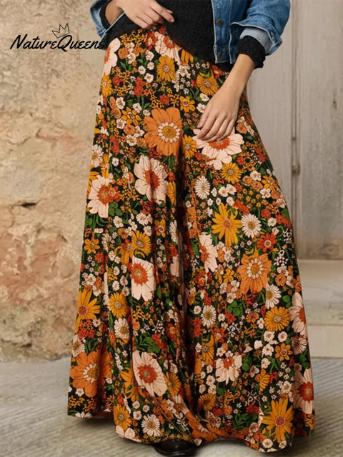 Boho Stretch Daisy Print Wide-leg Pants