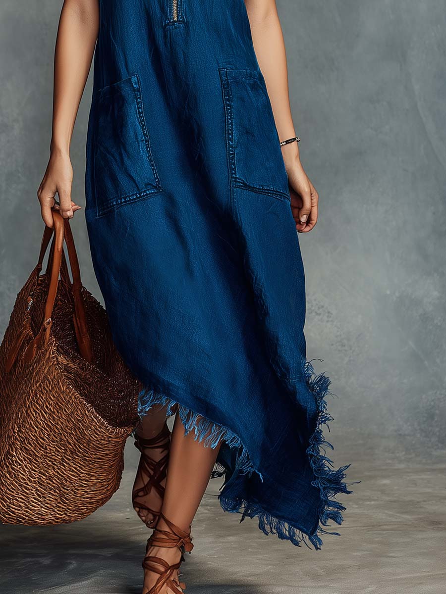 Cotton-linen Maxi Dress With Half-zip And Raw Hem