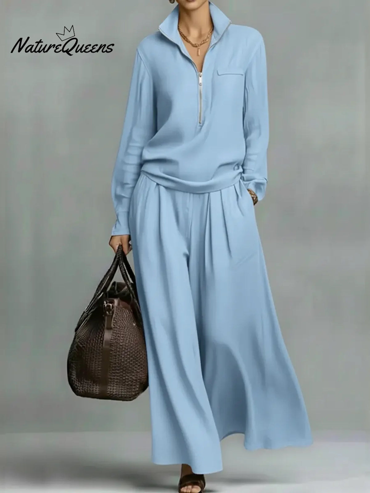 Women's Half-zip Top And Wide-leg Pants Two-piece Set