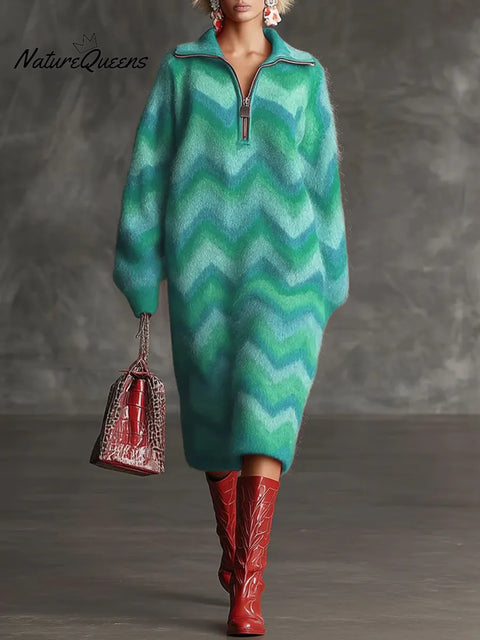 Women's Geometric Print Cardigan Collar Long-sleeved Casual Loose Knit Dress