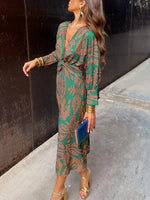 Women's Retro Floral Art Casual V Neck Long Sleeve Stylish Dress