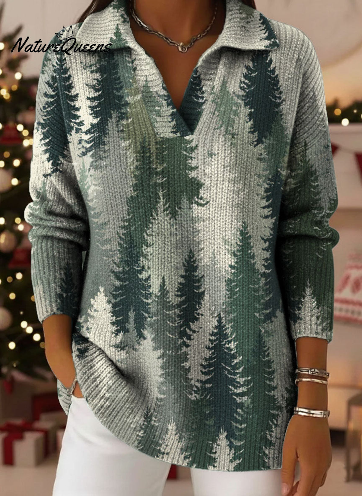 Christmas Trees Gradient Art Pattern Polo Collar Shiny Loose Sweater Top