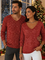 Men's Retro Christmas V-neck Sparkling Knit Sweater Top