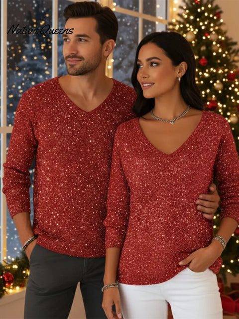 Men's Retro Christmas V-neck Sparkling Knit Sweater Top