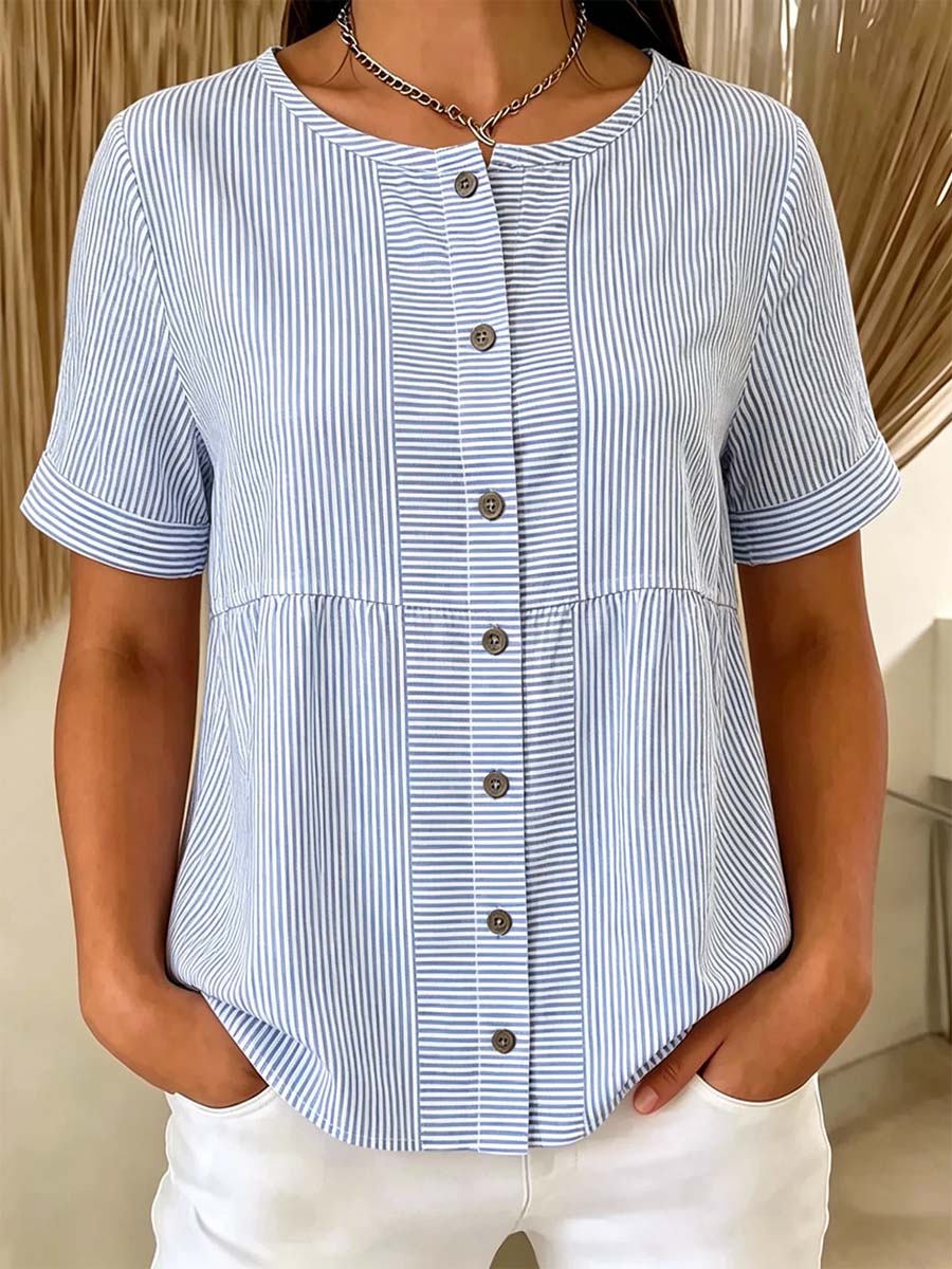 Women's Striped Pattern Art Print Casual Short Sleeve Cotton Shirt