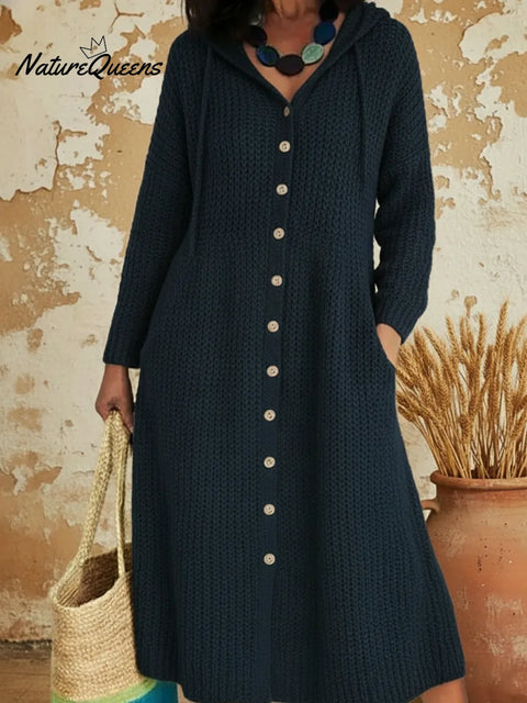 Cozy Casual Hooded Button-up Knit Dress