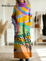 Women's Retro Abstract Geometric Colorful Splicing Patterns Art High-neck Long-sleeve Casual Loose Knit Dress