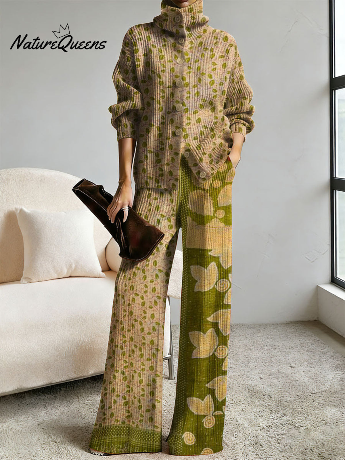 Women's Retro Abstract Geometric Colorful Splicing Patterns Art Print Casual Cotton Knitted Suits