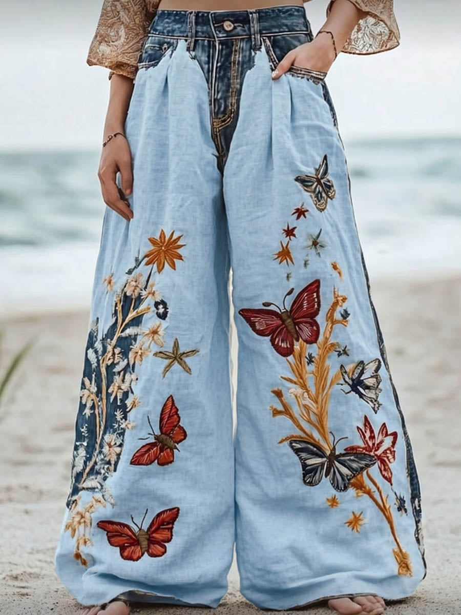 Women's High-waisted Loose-fit Wide-leg Trousers — Casual Cotton-linen Blend With Placement Print