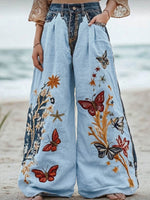 Women's High-waisted Loose-fit Wide-leg Trousers — Casual Cotton-linen Blend With Placement Print