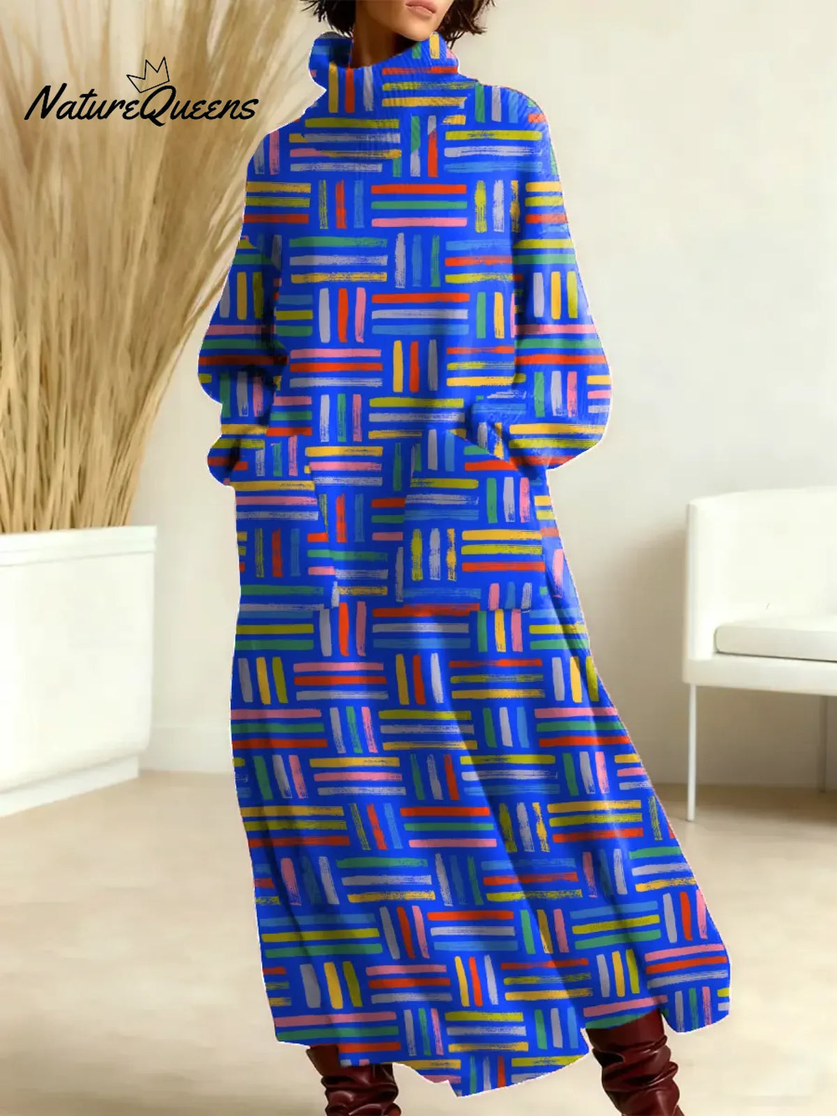 Women's Vintage Abstract Geometry Art Print Casual Cotton Knitted Dress