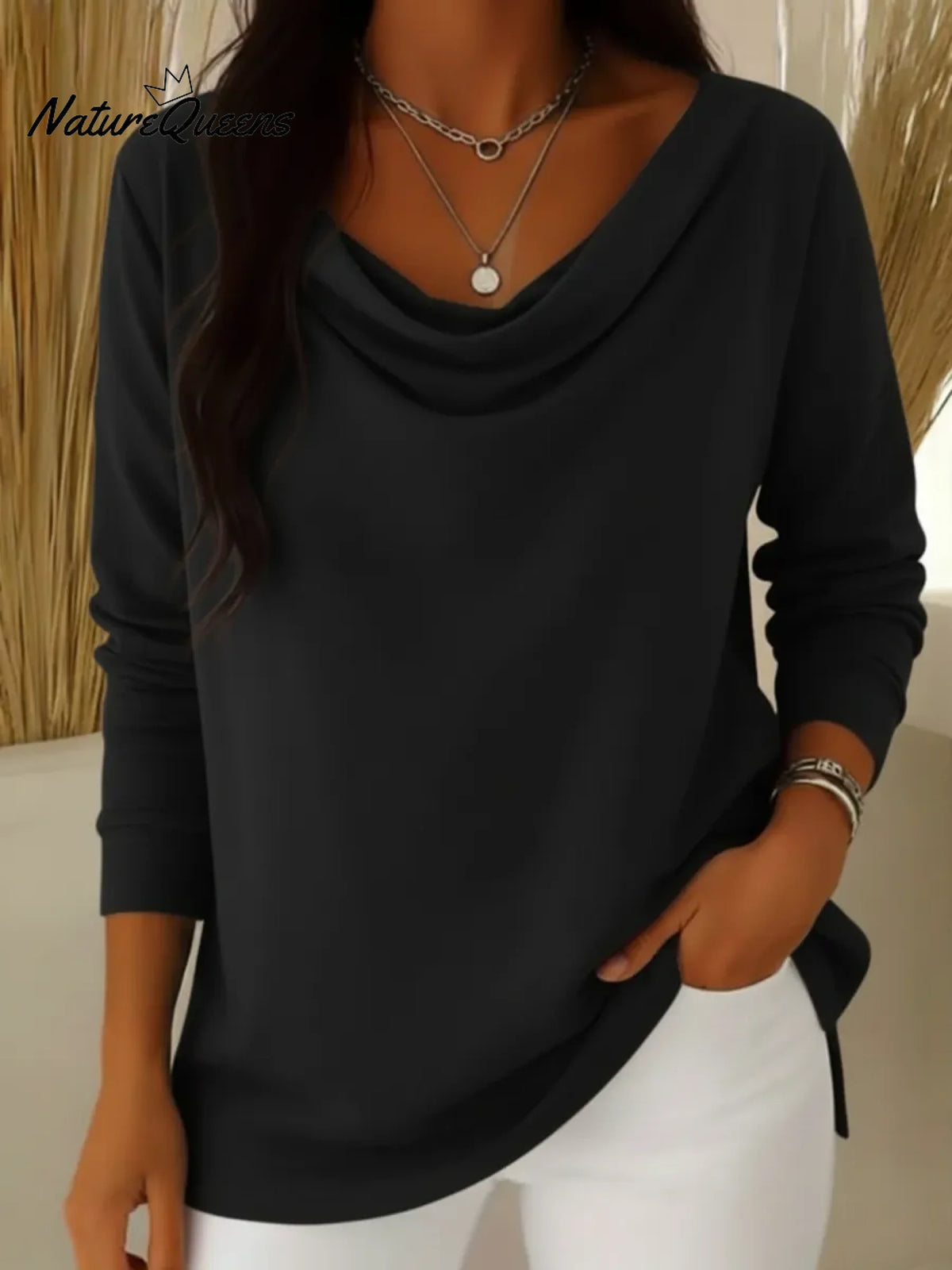 Elegant Draped Collar Solid Color Top