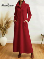 Women's Casual Solid Color Long-Sleeved Cotton Dress