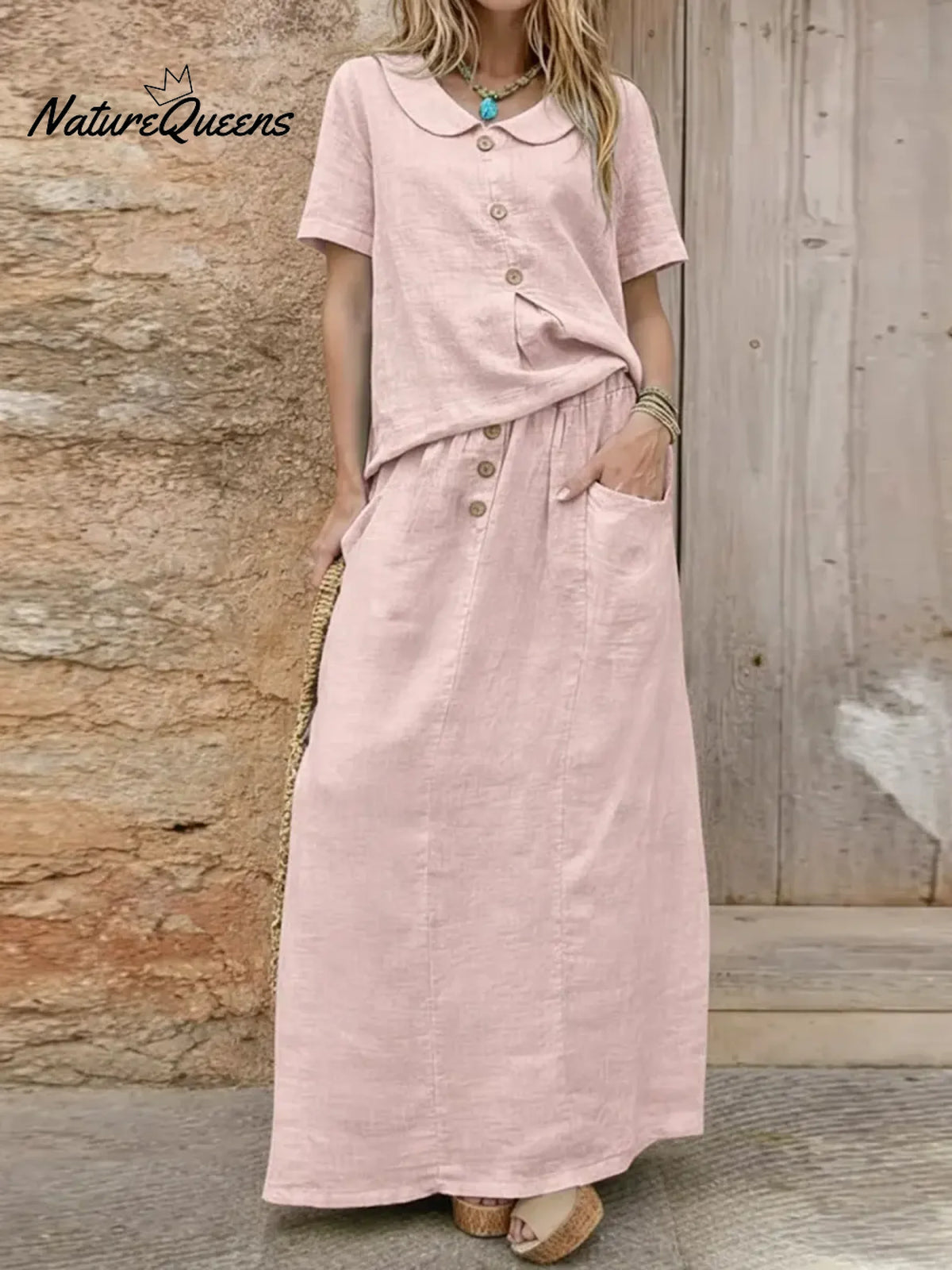 Women's Solid Color Peter Pan Collar Short-sleeved Loose Casual Top Paired With A High-waisted Loose Casual Skirt A Cotton And