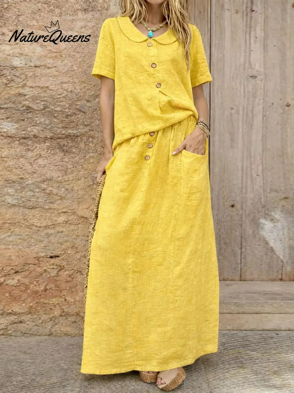 Women's Solid Color Peter Pan Collar Short-sleeved Loose Casual Top Paired With A High-waisted Loose Casual Skirt A Cotton And