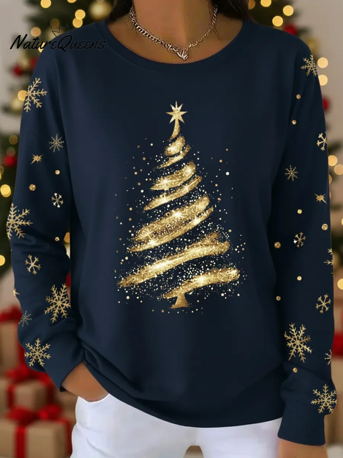 Gold Christmas Tree Print Crew Neck Sweatshirt