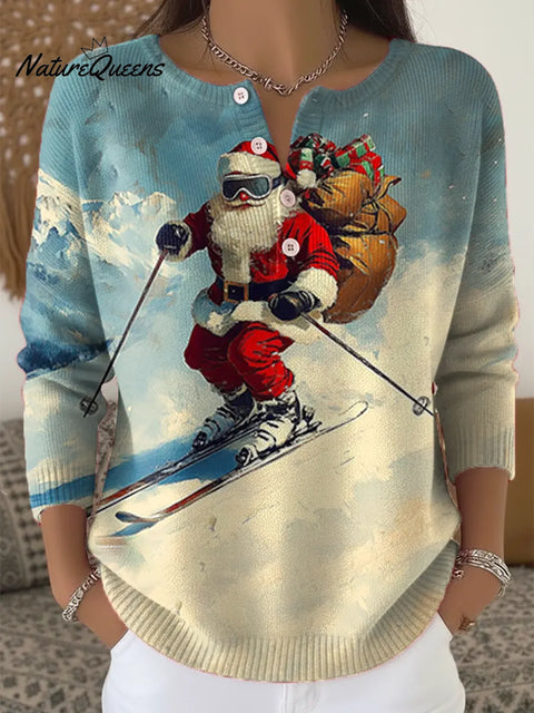 Women's Christmas Santa Skiing Print Buttoned Cardigan Sweater