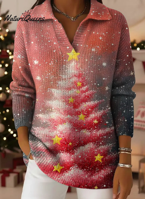 Women's Christmas Tree Art Print Casual Cotton Sweater