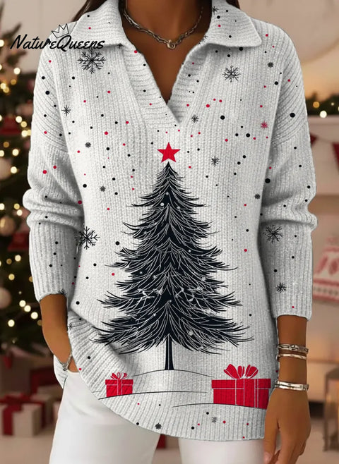 Women's Christmas Tree Art Print Casual Cotton Sweater