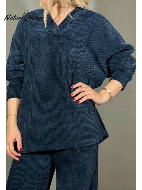 Women's Comfortable Corduroy V-Neck Long-Sleeved Top And Pants Two-Piece Set