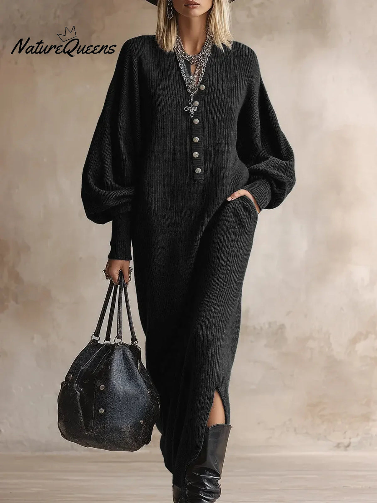 Women's Solid Color Cardigan Collar Long Sleeve Casual Loose Knit Dress