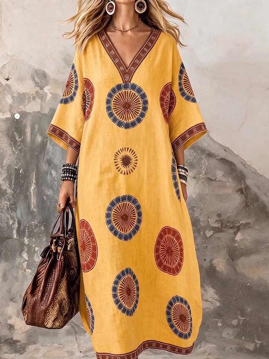 Women's Retro Geometric Print V-neck 3/4-sleeve Casual Loose Cotton-linen Dress