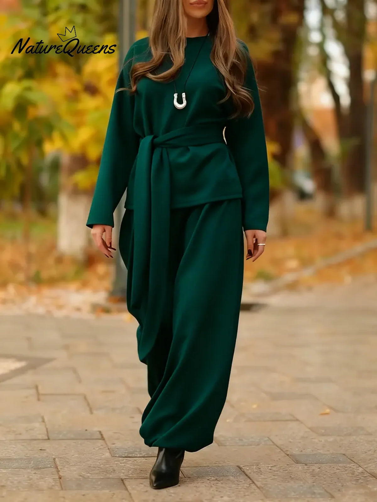 Women's Solid Color Crew Neck Long Sleeve Casual Loose Sweatshirt With Elastic Waist And Wide Leg Pants Set