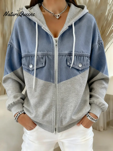 Casual Patchwork Denim Hooded Zip-up Cotton Sweatshirt
