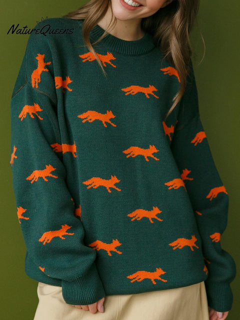 Women's Casual Fox Print Crew Neck Sweater Top
