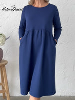 Classic Round Neck Solid Color A-line Dress