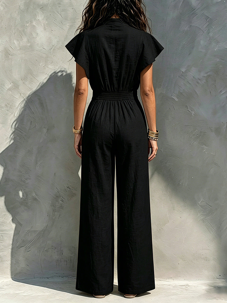 Vacation-Style Women's Linen-Blend Jumpsuit — Stand Collar, Chinese Knot Buttons, Flowy Short Sleeves, High Waist, and Wide-Leg Pants