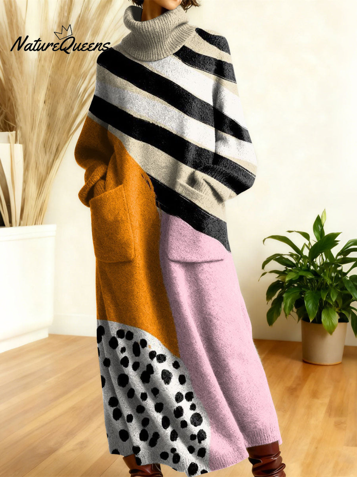 Women's Retro Abstract Geometric Colorful Splicing Patterns Art High-neck Long-sleeve Casual Loose Knit Dress