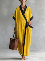 Women's V-neck 3/4 Sleeve Casual Loose Cotton Linen Dress