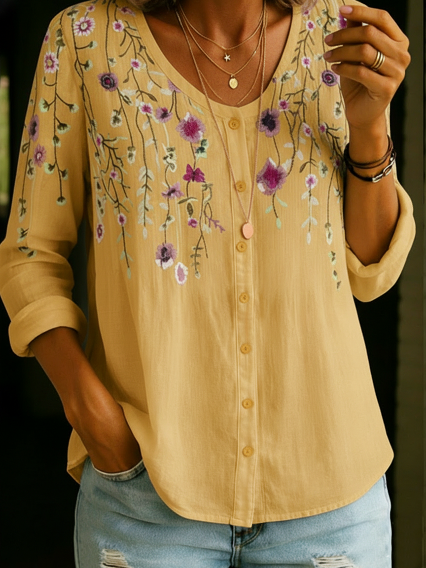 Vintage Bouquet Waterfall Cotton Linen Shirt Blouse