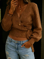 Women's Solid Color V-neck Tie-waist Long-sleeved Sweater