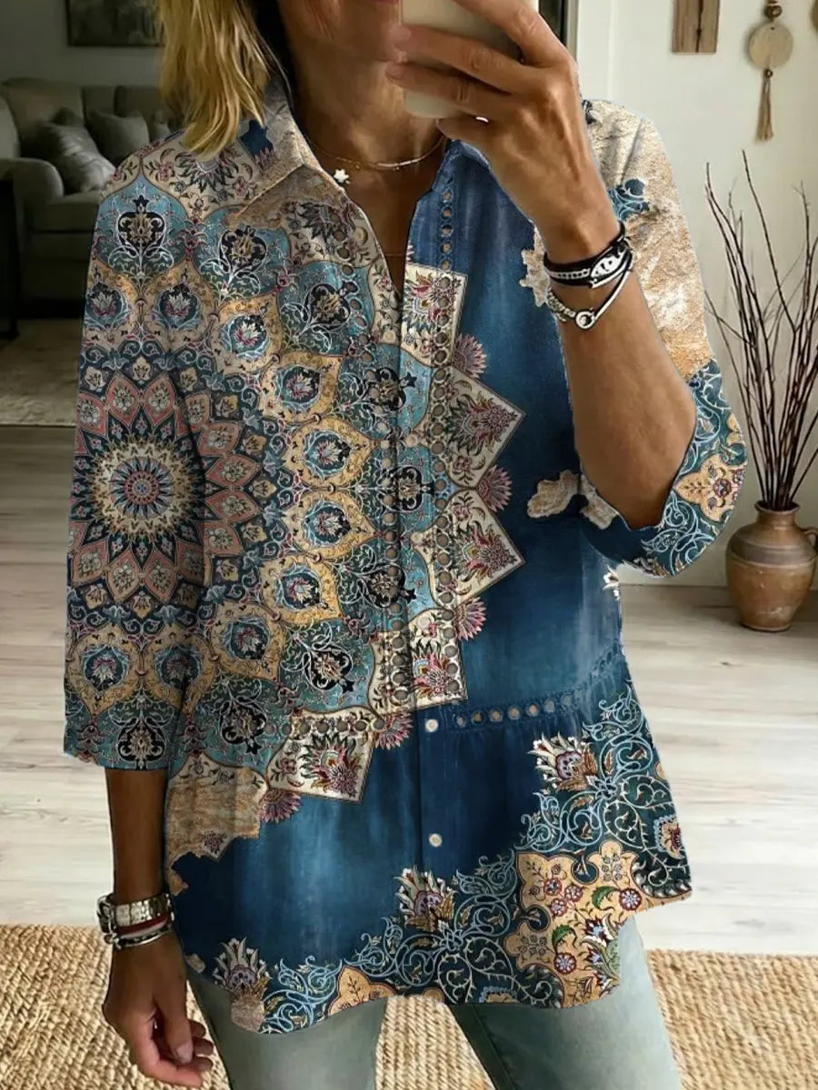 Women's Retro Floral Art Print Casual Lapel Cotton Shirt