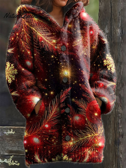 Women's Retro Christmas Pattern Art Print Casual Plush Warm Coat