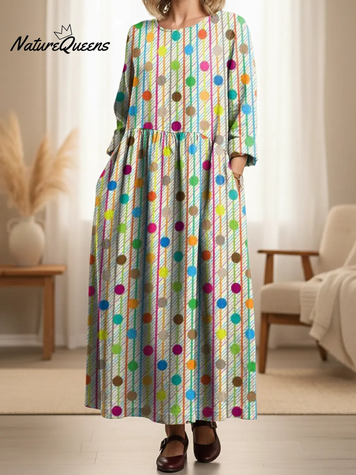 Women's Colorful Lines And Dots Print Pocket Cotton Dress