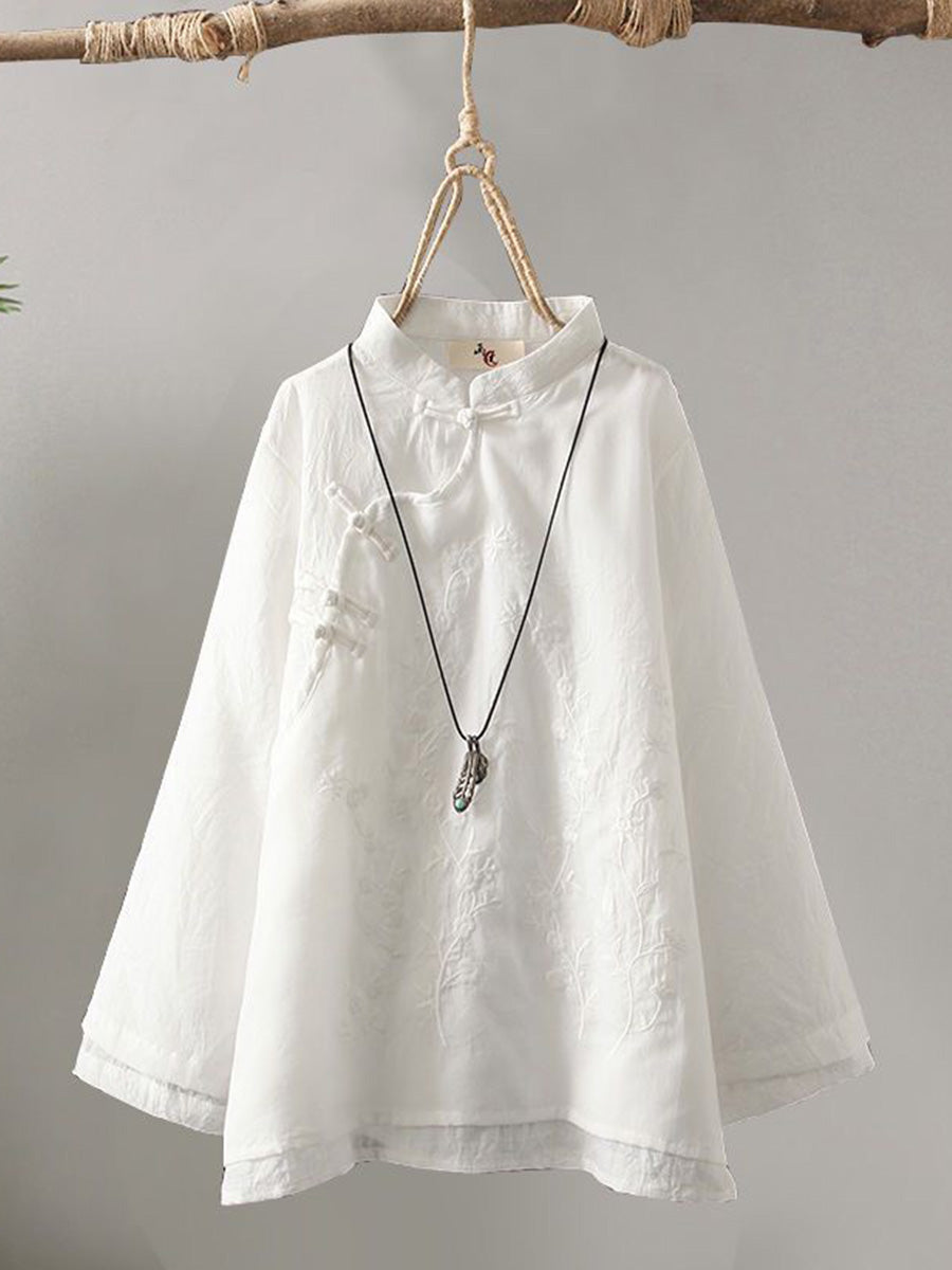 Women's Stand-collar Long-sleeve Loose-fit Casual Cotton-linen Shirt With Embroidery