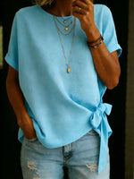 Women's Solid Color Round Neck Short-sleeved Tie-front Linen Cotton Shirt