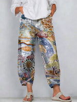 Women's Vintage Nationality Pattern Art Prints Casual Denim Cotton Pants