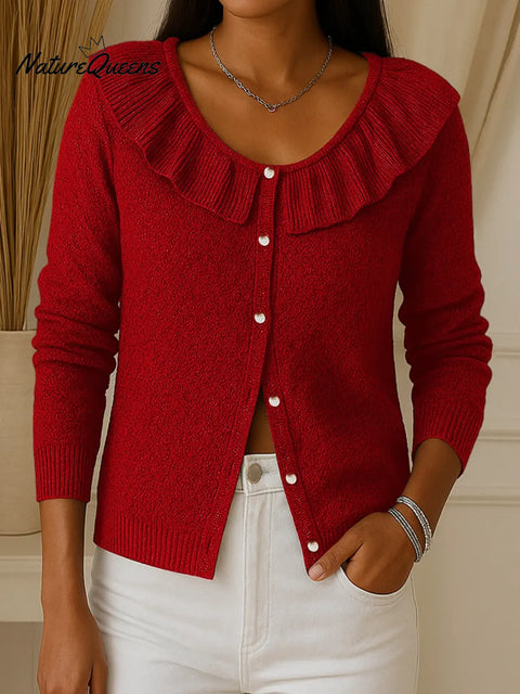 Women's Solid Color Round Neck Long Sleeve Ruffle Cardigan Sweater