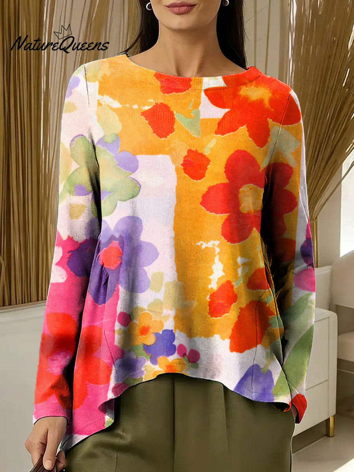 Women's Flowers Colorful Round Neck Casual Print Long-sleeved Ruched T-shirt