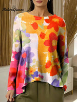 Women's Flowers Colorful Round Neck Casual Print Long-sleeved Ruched T-shirt