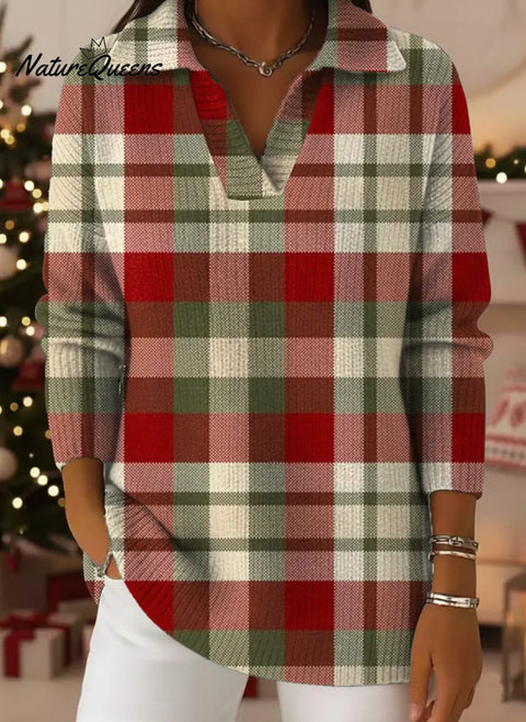 Women's Plaid Pattern Art Print Casual Cotton Sweater