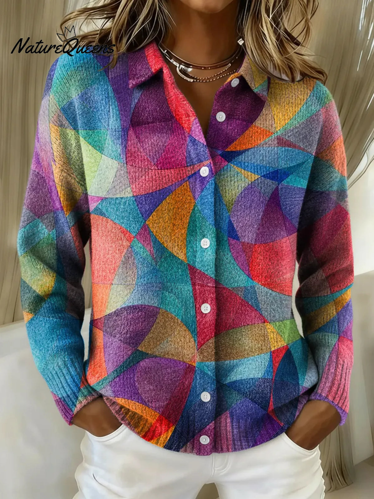 Women's Colorful Abstract Geometry Printed Collared Sweater